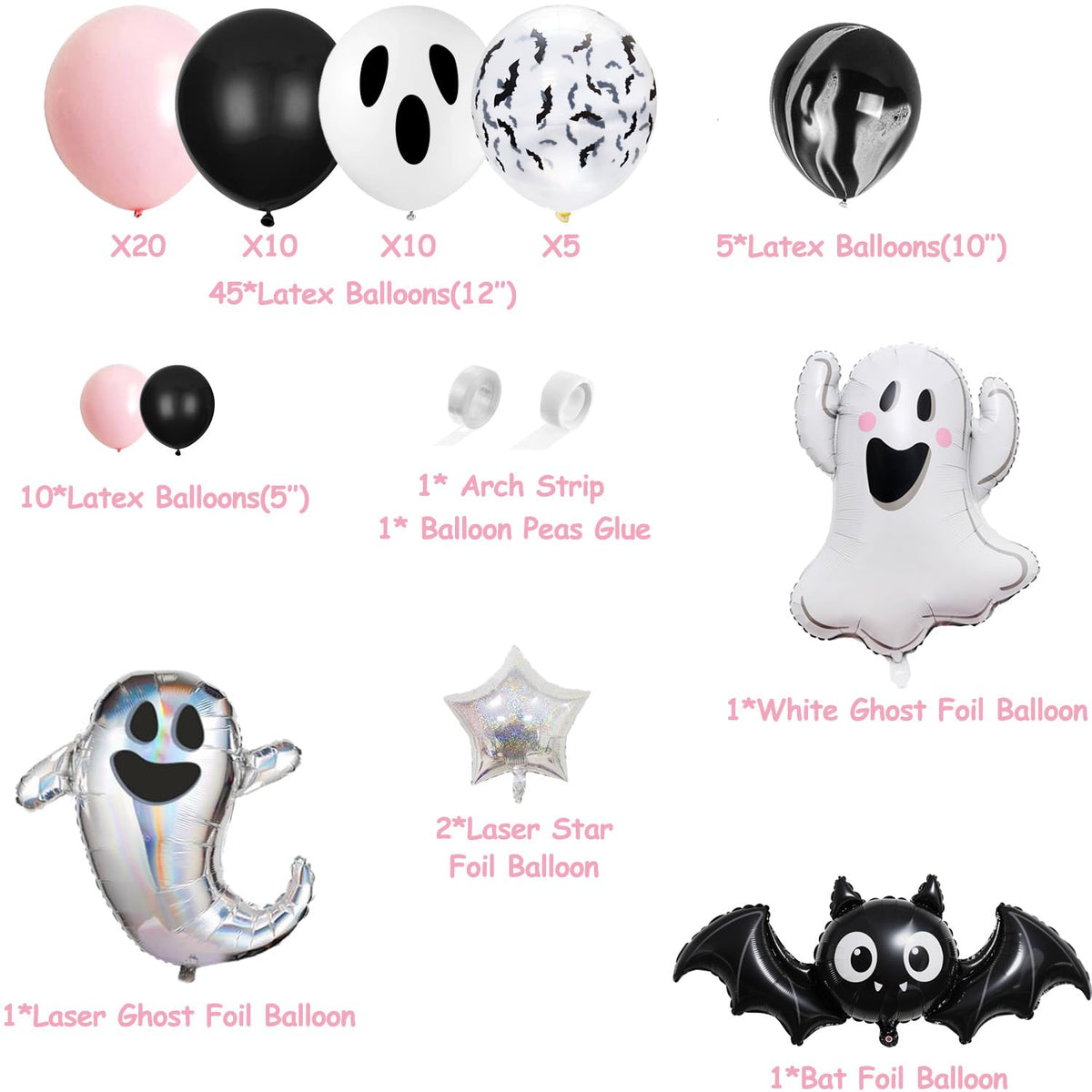 92 Packs Pink Black Halloween Birthday Party Kit Happy Boo Day Banner Cake Topper Ghost Cupcake Toppers Skeleton Bat Mylar Balloons for Pink and Black Halloween Birthday Party Decorations