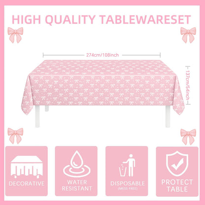 219 pcs Pink Party Decorations Set with Bow Theme, Plates, Napkins, Cups, Cutlery, Balloons, Happy Birthday Foil Banner, Bow Foil Balloons, Tablecloth, and Stickers, Serves 24