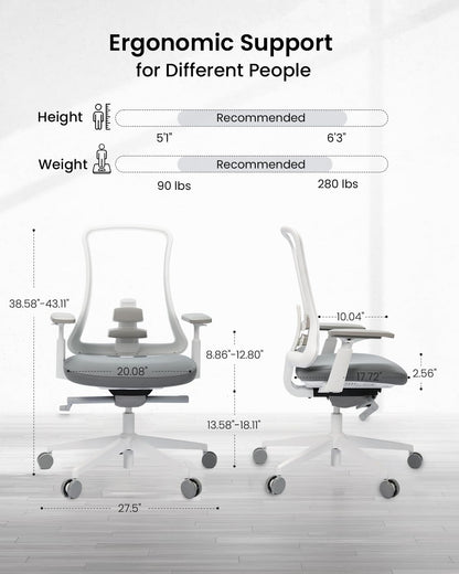 ProtoArc Ergonomic Office Chair - Flexer Pro Mesh Desk Chair with Lumbar Support for Women, Slide Seat & 4D Armrests, Tilt Lock | Stylish & Comfortable for Home Office, Computer Work - White