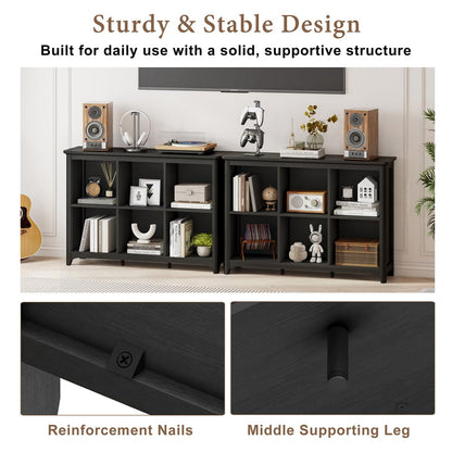 BON AUGURE 6 Cube Storage Organizer Bookcase, Horizontal Bookshelf with Curved Edge, Floor Standing Low Wooden Book Shelf for Living Room, Office -Black Oak, 43"