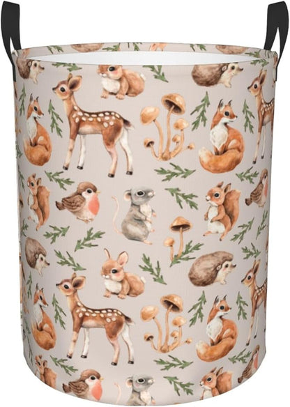 Forest Little Animal Laundry Hamper Bag, Deer Squirrel Hedgehog Fox Round