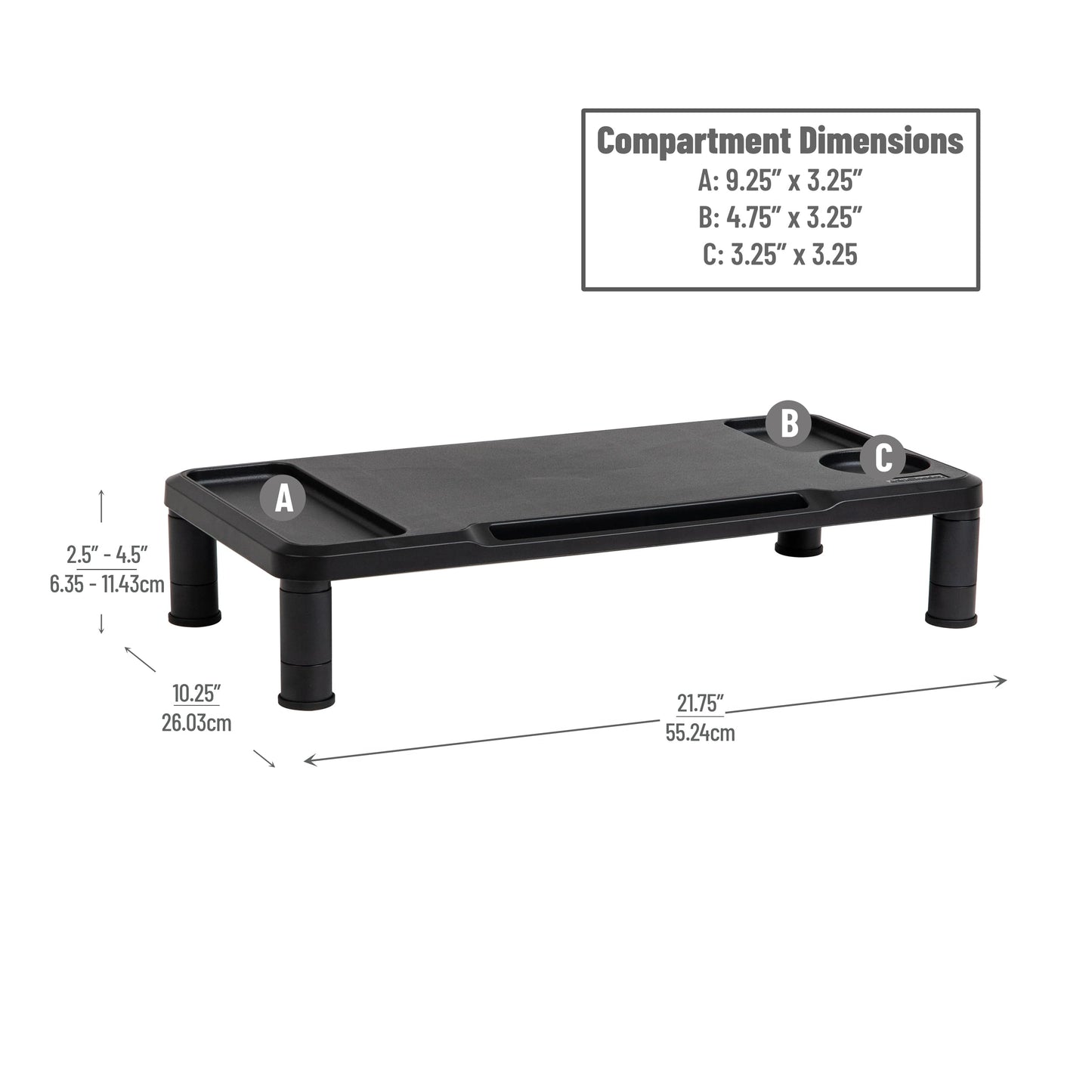 Mind Reader Monitor Stand, Laptop Riser, Desktop Organizer, Office, Plastic, 21.75" L x 10.25" W x 4.5" H, Set of 2, Black