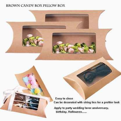 100 Pcs Pillow Gift Boxes with Windows,Kraft Paper Mini Pillow Packaging Box, Creative Favor Box Folding Treat Boxes with Clear Window for Bakery Candy Chocolate Jewelry Display Wedding Party Favor (kraft 100Pcs)