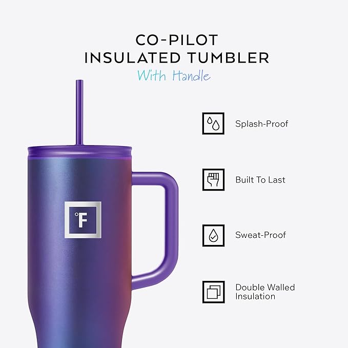 IRON °FLASK Co-Pilot Insulated Mug w/Straw & Flip Cap Lids - Cup Holder Bottle for Hot, Cold Drink - Leak-Proof- Water, Coffee Portable Travel Tumbler - Clementine, 40 Oz