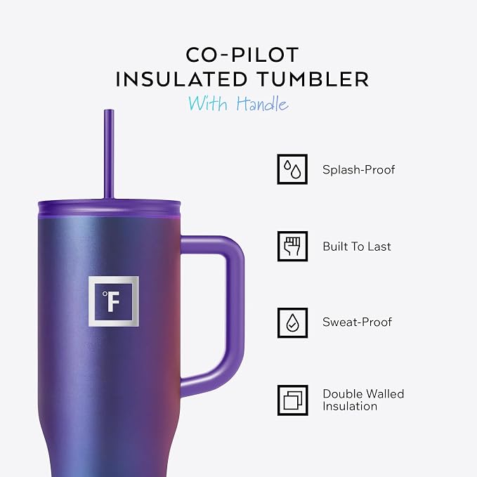 IRON °FLASK Co-Pilot Insulated Mug w/Straw & Flip Cap Lids - Cup Holder Bottle for Hot, Cold Drink - Leak-Proof - Water, Coffee Portable Travel Mug - Sand, 40 Oz