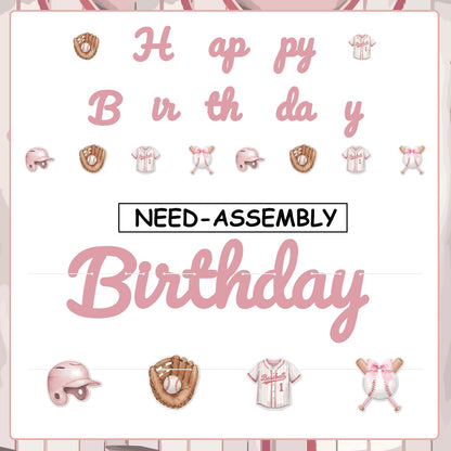 SHADOAMP Baseball Birthday Party Decorations Girl, Pink “Happy Birthday” Banner and Hanging Cutouts - Softball Themed Garland Kit with Gloves, Jerseys, Helmets - DIY Paper Set for Sporty Girl