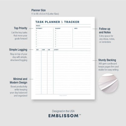 Task Planner & Tracker 8.5 x 11 Tear-Off 70 Sheet Planner Pad – Project Organizer with Time Log, Top Priority, Follow-Up – Notepad for Home & Office (White, Minimalist, 2 Pack)