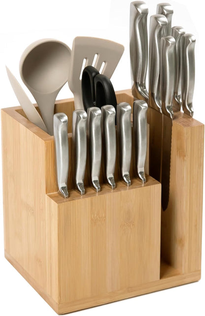 KitchenEdge Bamboo Magnetic Knife Block and Cooking Utensil Holder, Sleek Storage for Chefs Knives, Steak Knives, Spatulas, Scissors, Non-Slip Rubber Feet, Easy to Clean, Kitchen Countertop Organizer