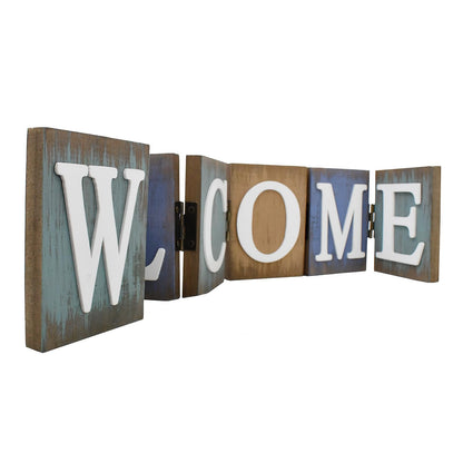 Rustic Wood Welcome Sign Cutout, Teal Wooden Tabletop Folding Decorative Word Sign, Freestanding Hinged Block Letters Home Decor