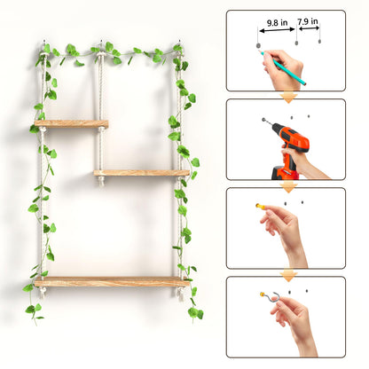 FKSLIFE Hanging Shelves for Wall,Macrame Hanging Plant Shelf with Vine Lights 3 Tier Rope Floating Shelf Wood Organizer Storage Rack Boho Wall Decor Aesthetic for Succulents Bedroom Bathroom Kitchen