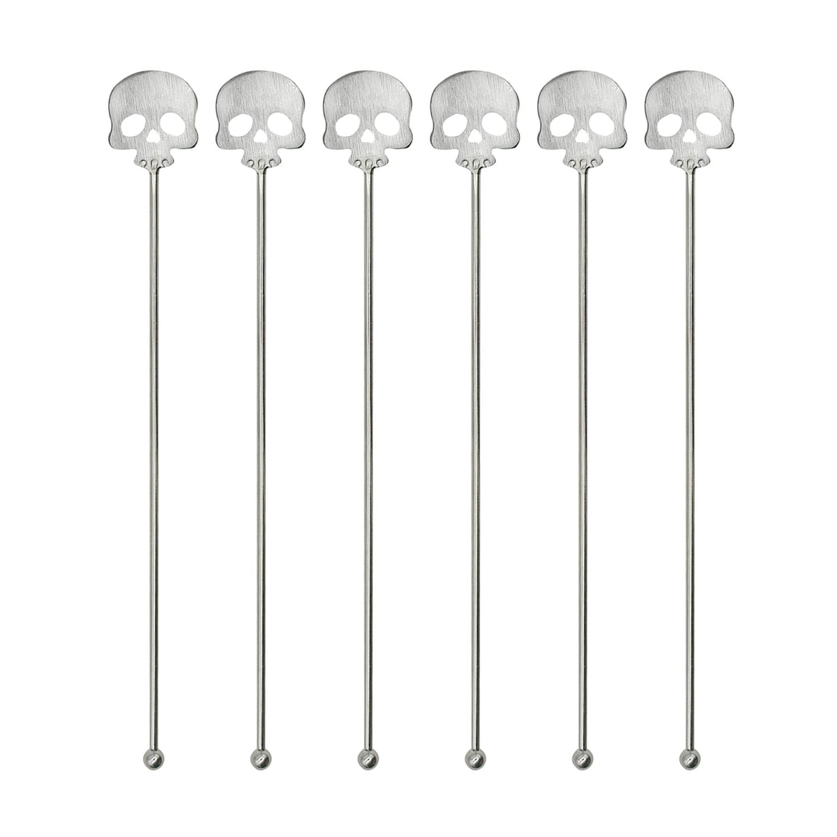 Pinenjoy 6Pcs Skull Swizzle Sticks 8.7inch Coffee Stirrers Reuseable 18/10(304) Stainless Steel Beverage Cocktail Stirrer for Bar Halloween Party Mixing Drinks