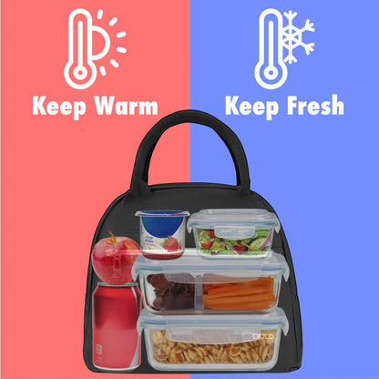 opux Insulated Lunch Box for Women, Reusable Lunch Bag Tote for Work, Girls, School, Soft Cooler Cute Lunchbox Thermal Meal Prep Organizer, Black