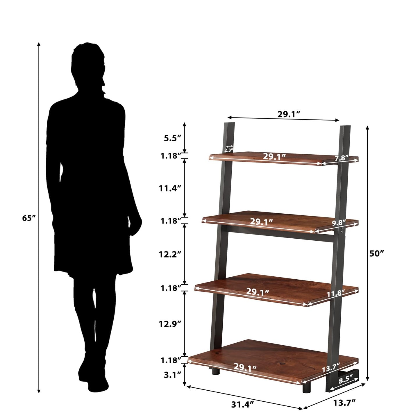 IBF 4-Tier Solid Wood Ladder Bookshelf with Natural Live Edge