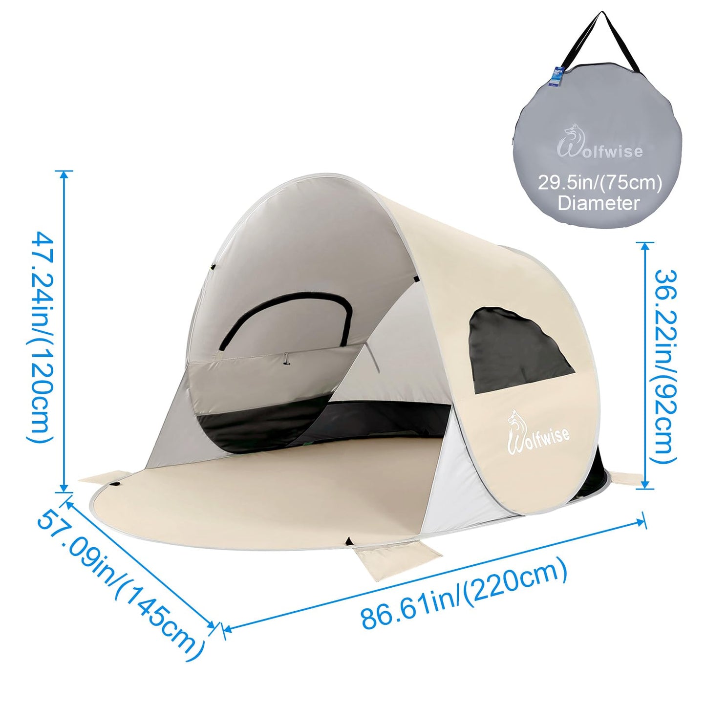 WolfWise UPF 50+ Easy Pop Up 3-4 Person Beach Tent Sport Umbrella Instant Sun Shelter Tent Sun Shade Canopy, Beige