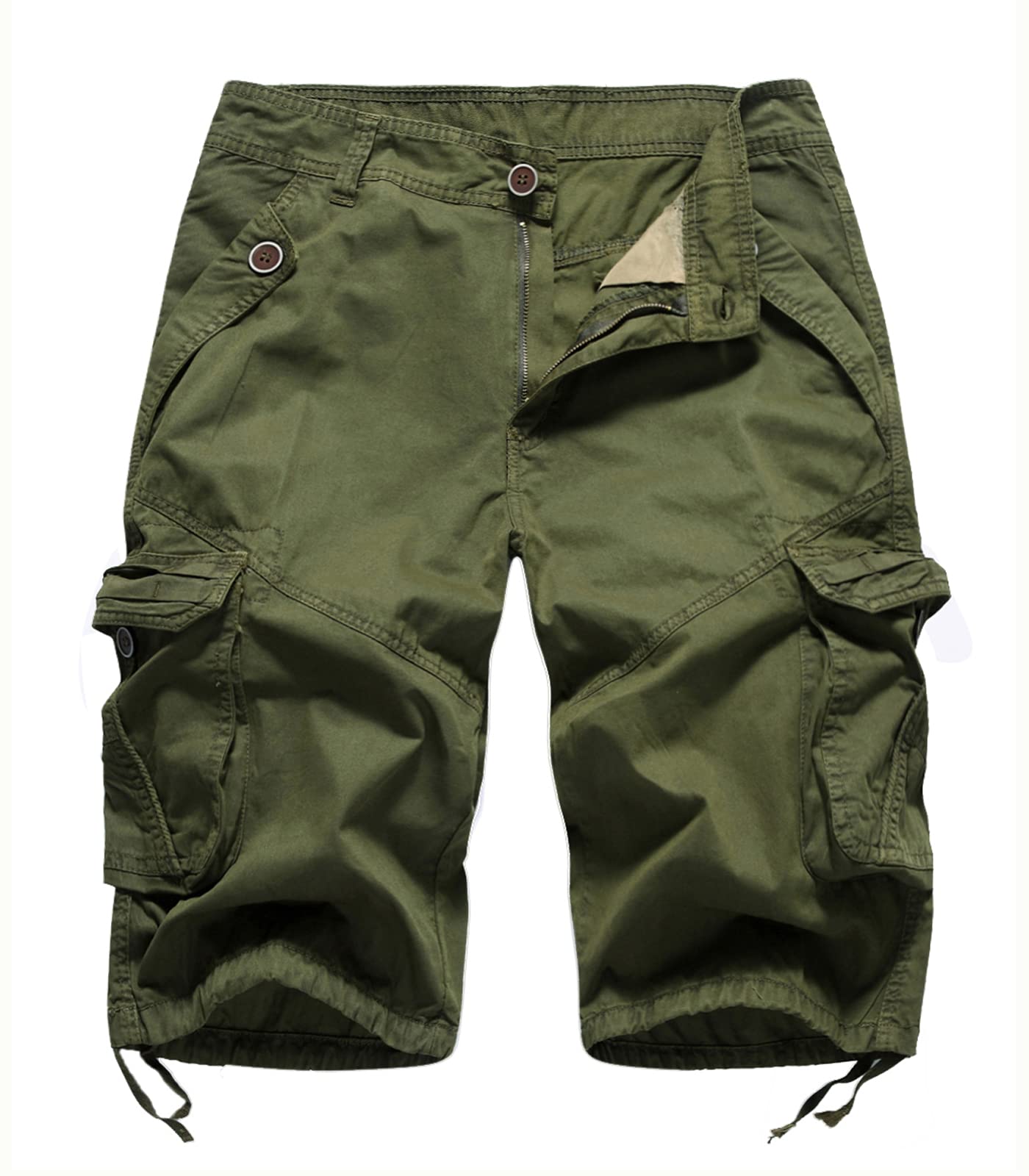 FOURSTEEDS Women's Mid Rise Distressed Twill Cotton Multi-Pocket Outdoor Sport Working Hiking Camping Hunting Bermuda Shorts Army Green US 10