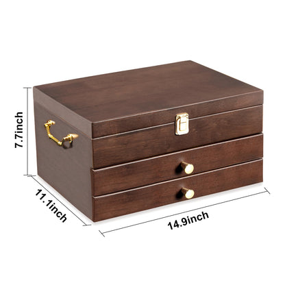 Yoimori Silverware Storage Box, 3-Layer Flatware Storage Case with Drawer, Wooden Silverware Chest with Handle and Linen Liner, Rustic Silverware Case for Storing Fine Flatware and Utensils (Walnut)