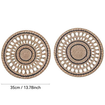 Deosur 2PCS Boho Woven Grass Wall Hanging & Tray – 35CM Handmade Round Wall Art for Living Room & Bedroom – Dual-Purpose, in Black