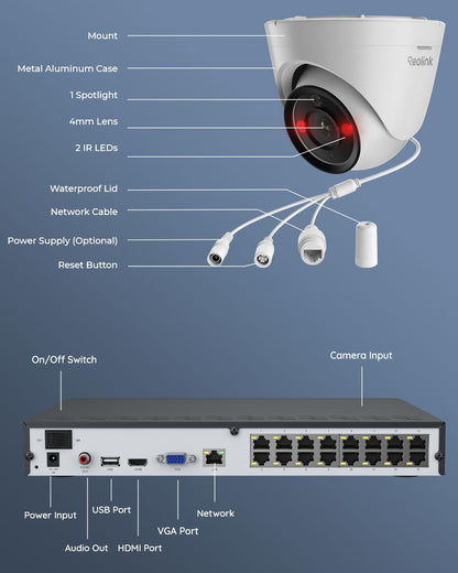 REOLINK 12MP PoE Security Camera System, 8pcs H.265 12MP Security Cameras, Person Vehicle Pet Detection, Two-Way Talk, Spotlights Color Night Vision, 16CH NVR with 4TB HDD, RLK16-1200D8-A