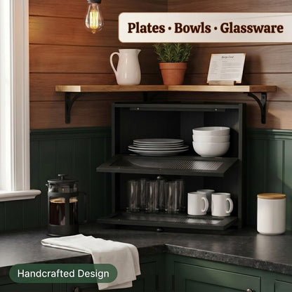 Plusinthebox Black Corner Bread Box,2 Tier Bamboo Bread Box for Kitchen Countertop,Wooden Bread Storage Container and Space-Saving Bread Keeper for Homemade Bread,Bagels and Rolls