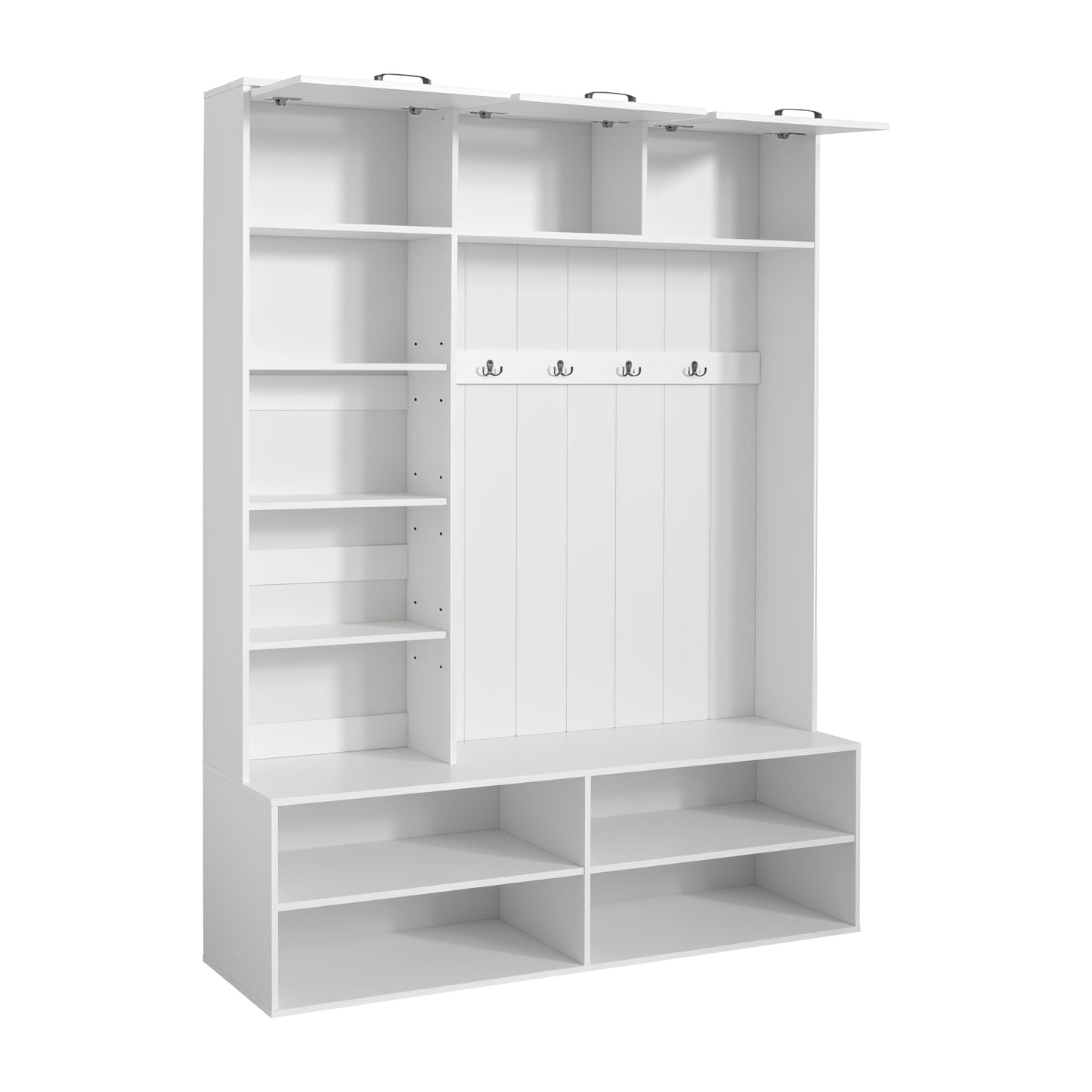 5-in-1 Hall Tree with Bench, Entryway Storage Organizer Cabinet, White
