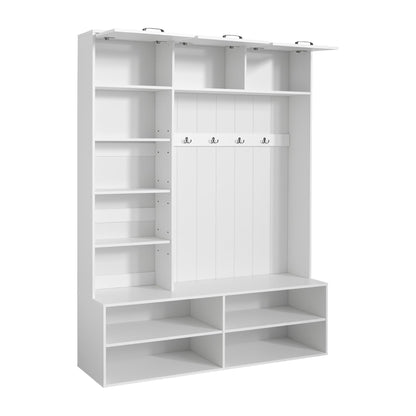 5-in-1 Hall Tree with Bench, Entryway Storage Organizer Cabinet, White