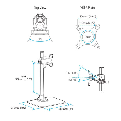 StarTech.com Single Monitor Stand, Adjustable, Supports UHD, iMac and Apple Thunderbolt Displays from 12'' to 34" (30.9lb/14kg), Premium Single Screen VESA Monitor Mount Stand, Silver, TAA