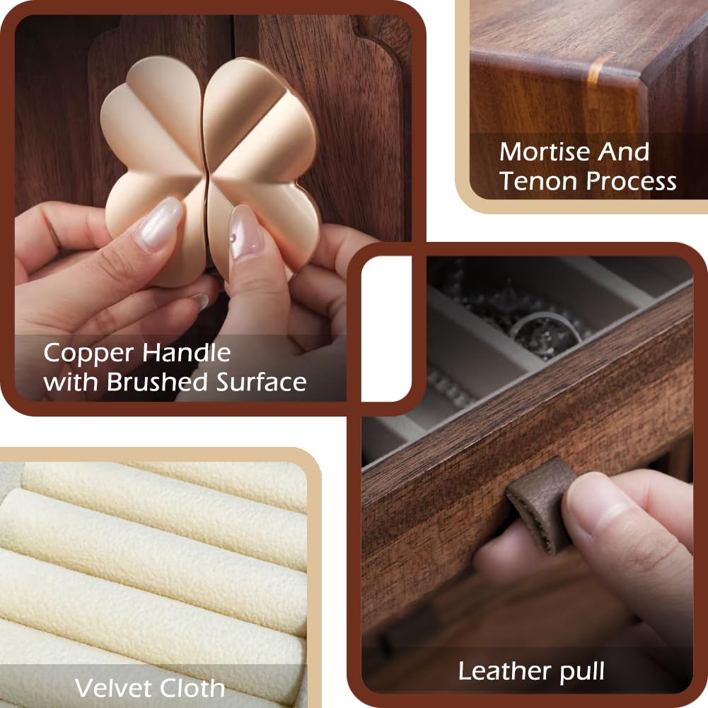 Amersis Wooden Jewelry Box 5 Layers Solid Wood Black Walnut Large Jewelry Organizer with Brass Handle for Necklaces Rings Earrings Watches Storage Ideal Gift Choice for Mother's Day