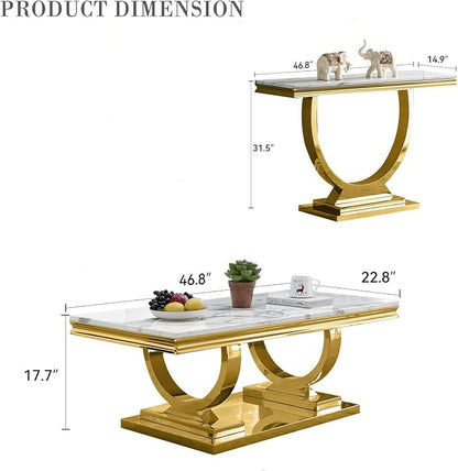 2 Piece Living Room Table Set Include 1 Faux Marble Coffee Table & 1 Console Table, Modern White Gold Coffee Table Set of 2 with Double O Shape Stainless Steel Pedestal Base