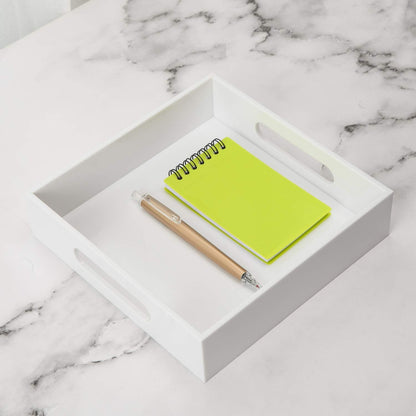 KEVLANG White Sturdy Acrylic Tray with Handles-8x8 Inch- Countertop Organizer Tray for Kitchen,Bathroom,Office- Storage Box for Cosmetics, Jewelry,Toiletries,Toy,Gadgets