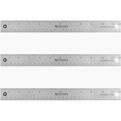 Westcott Stainless Steel Ruler Set with Non-Slip Cork Backing, Easy to Read Etched Markings, Flexible and Sturdy Design, for Crafting, Office, Classroom, Back to School Supplies, 12-Inch, 3 Pack