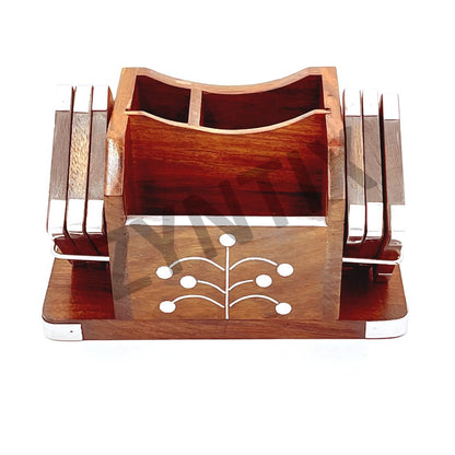 ZYNTIX Wooden Tea Coaster with Multi Holder - Silver Inlay, Handmade Coasters Set of 6 - Ideal Pencil Case, Teacher Supplies, Desk Organizer for Home and Office Decor