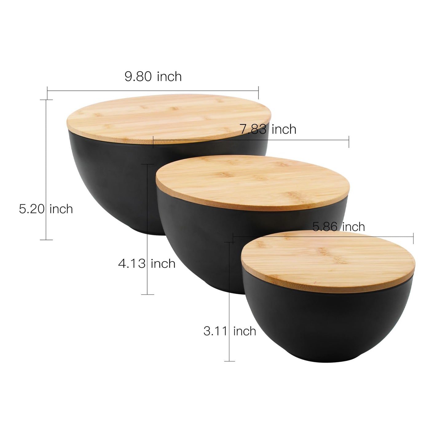 ECOWAY Salad Bowl Set of 3 with Bamboo Wooden Lids, Mixing Bowls Set, Nesting Bowls for Space Saving Storage, Made with Durable Eco-Friendly Bamboo Fiber, Great for Prepping and Serving Food, Black