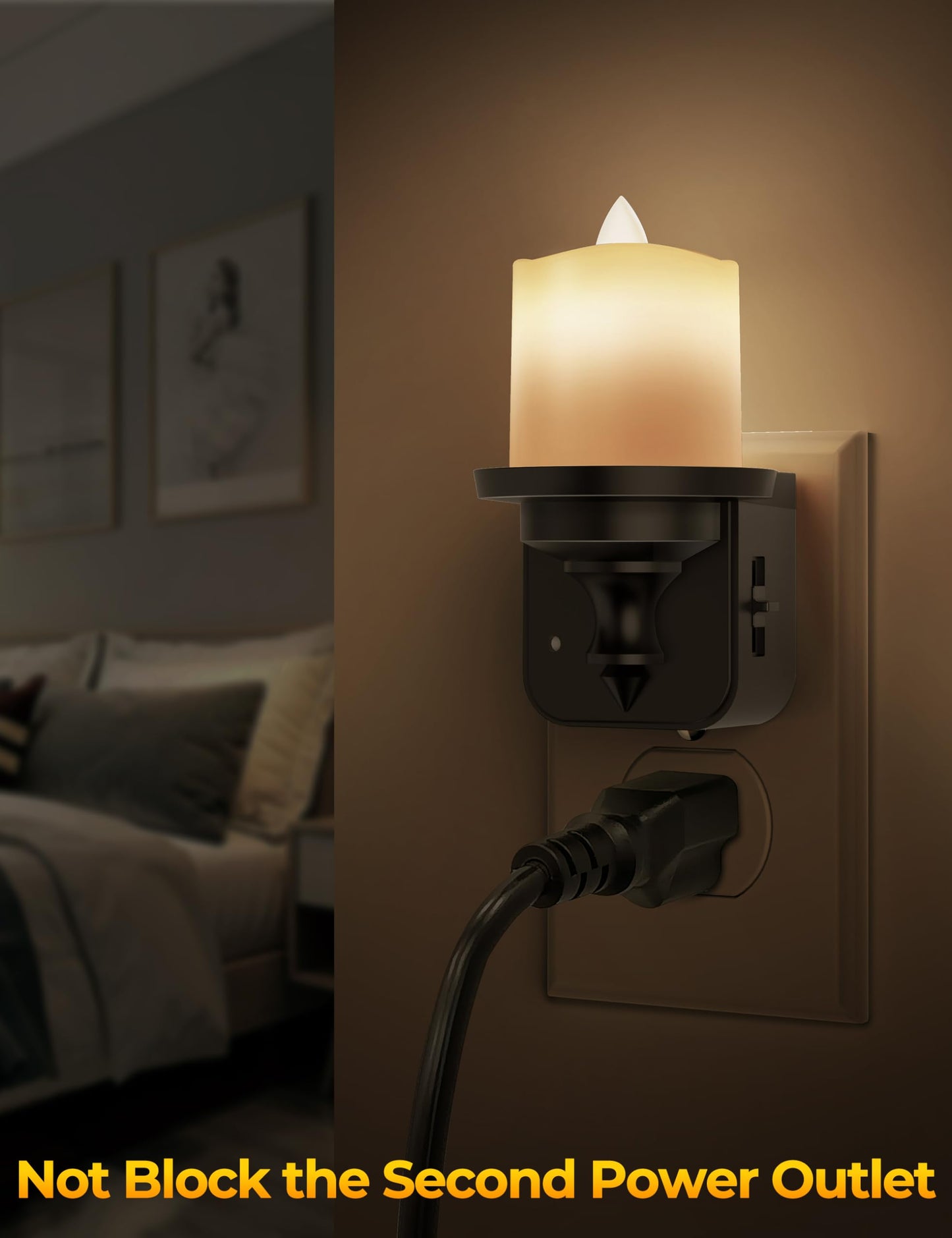 Briignite Flameless Candle Night Lights, Amber Plug-in 2 Pack, LED Candle with Light Sensor, 0-100LM Dimmable, Kids Hallway Bathroom Nightlight