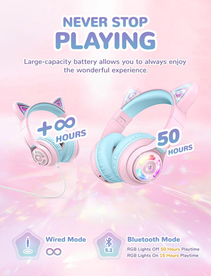 iClever Cat Ear Kids Bluetooth Headphones, LED Lights Up, 74/85dBA Safe Volume Limited, 50H Playtime,Bluetooth 5.2, USB C, Kids Headphones Wireless for Travel iPad Tablet, Meow Macaron Pink