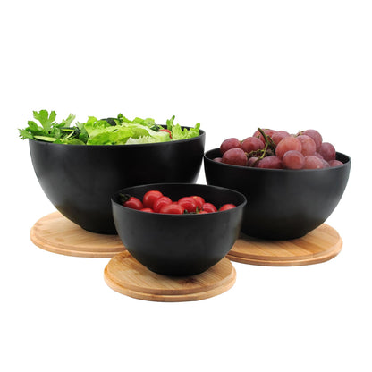 ECOWAY Salad Bowl Set of 3 with Bamboo Wooden Lids, Mixing Bowls Set, Nesting Bowls for Space Saving Storage, Made with Durable Eco-Friendly Bamboo Fiber, Great for Prepping and Serving Food, Black