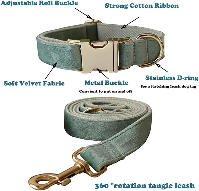 Love Dream Velvet Dog Collar and Leash Set, Soft & Comfy Adjustable Dog Leash and Collar with Heavy Duty Metal Buckle for Small Medium Large Dogs Training & Walking (Large, Mint Green)
