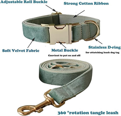 Love Dream Velvet Dog Collar and Leash Set, Soft & Comfy Adjustable Dog Leash and Collar with Heavy Duty Metal Buckle for Small Medium Large Dogs Training & Walking (Large, Mint Green)