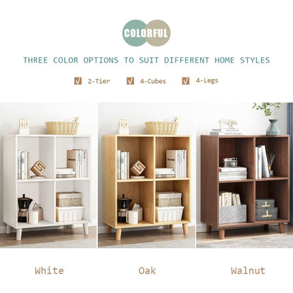 IOTXY Freestanding Open Cubes Bookcase - 2-Tier Floor Standing Wooden Storage Display Cabinet Organizer with Legs for Home Office, 4-Cubes Open Shelf Low Short Bookshelf, Walnut