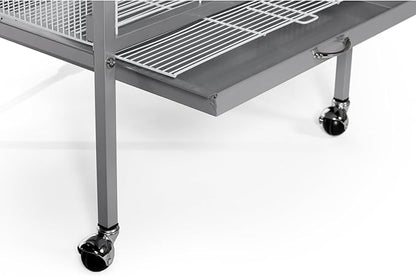 Prevue Pet Products Aviary Large Flight Cage - Powder‑Coated Standing Metal Bird Cage with Wheels, Perches, Feeders & Removable Tray, Ideal for Parakeets, Cockatiels, Canaries & Small Birds - Grey