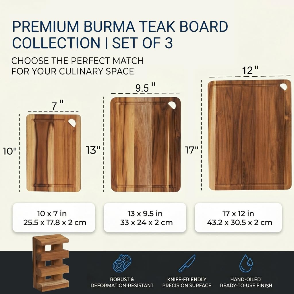 Zoutley 3-Piece Teak Wood Cutting Board for Kitchen, Knife-Friendly Chopping Boards with Juice Grooves & Storage Stand, Heavy Duty Wooden Boards for Meat, Fruit & Cheese, Ideal Housewarming Gift