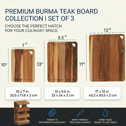 Zoutley 3-Piece Teak Wood Cutting Board for Kitchen, Knife-Friendly Chopping Boards with Juice Grooves & Storage Stand, Heavy Duty Wooden Boards for Meat, Fruit & Cheese, Ideal Housewarming Gift