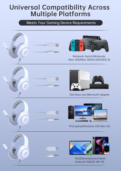 syndesmos CM7002 Gaming Headset for PS5, PS4, PC, Mac, Switch, Xbox Series, Surround Sound RGB Gaming Headphones with Noise Canceling Microphone, 50MM Dynamic Drivers, 3.5MM Audio Jack, Light White