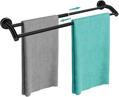 MGahyi Adjustable Double Towel Bar 14.5-24.8Inch, Matte Telescopic Stainless Steel Wall Mount Towel Holder, Rustproof Towel Rack for Bathroom Kitchen RV Laundry Hotel (Black, Double-Bar)