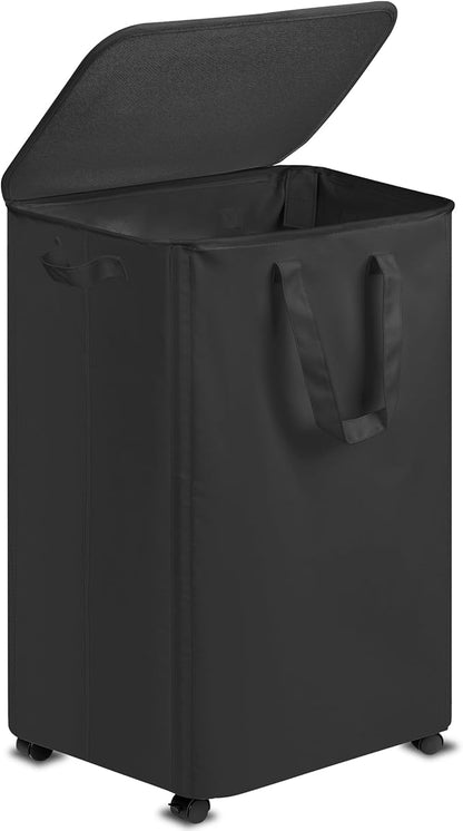 Slim Laundry Hamper with Lid and Wheels, Small Rolling Laundry Basket with