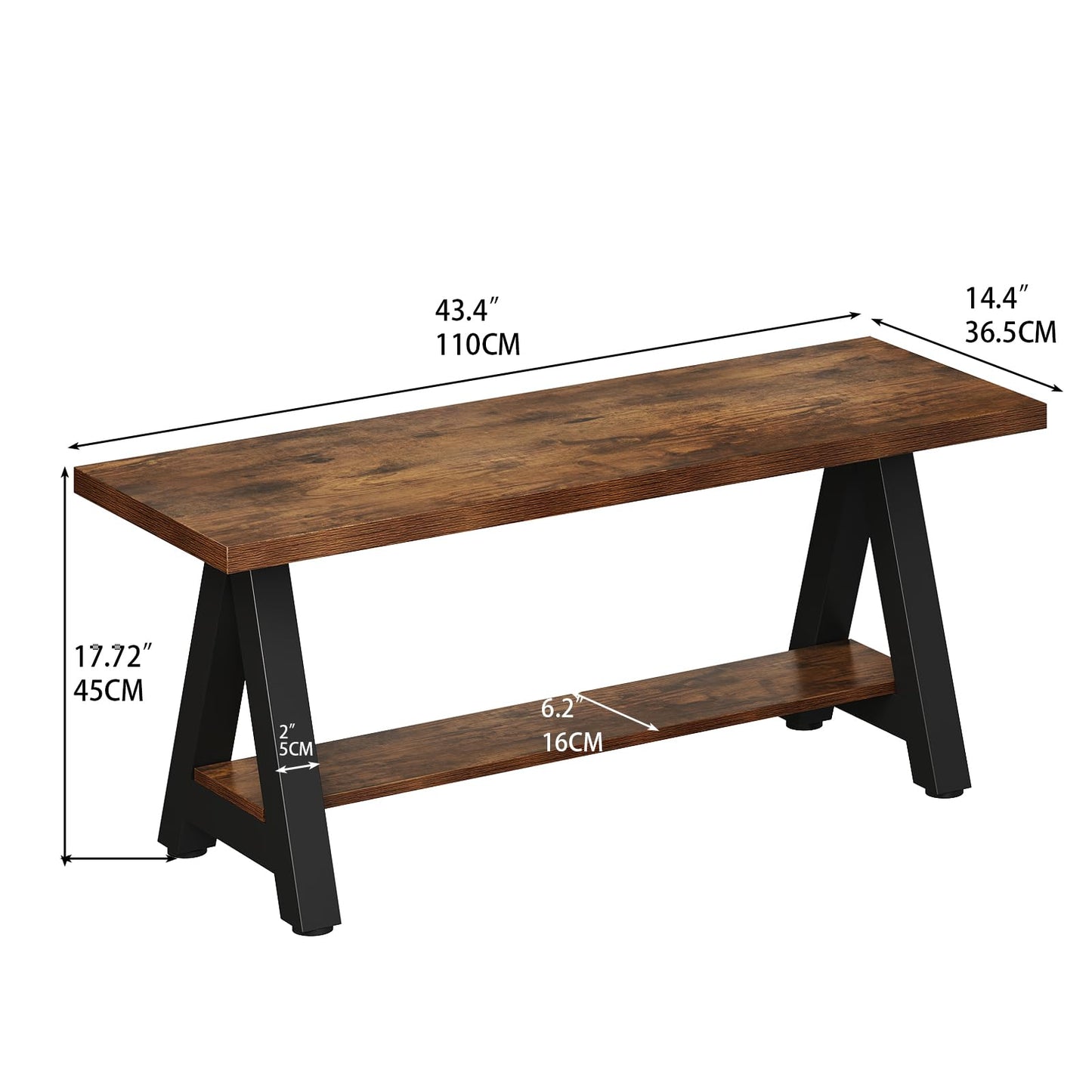 Welfuturer 43" Farmhouse Wood Bench Industrial Entryway Bench Rustic Wood and Metal Shoe Storage Bench for Entryway, Living Room, Dining Room