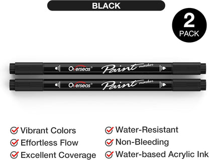 Overseas Black Acrylic Paint Markers, 2 Pack Dual Tip Paint Pens Acrylic Markers with Dot and Brush Tip, Coloring Marker for Wood, Rock, Canvas, Glass, Metal, Ceramic, Plastic, Fabric, School Supplies