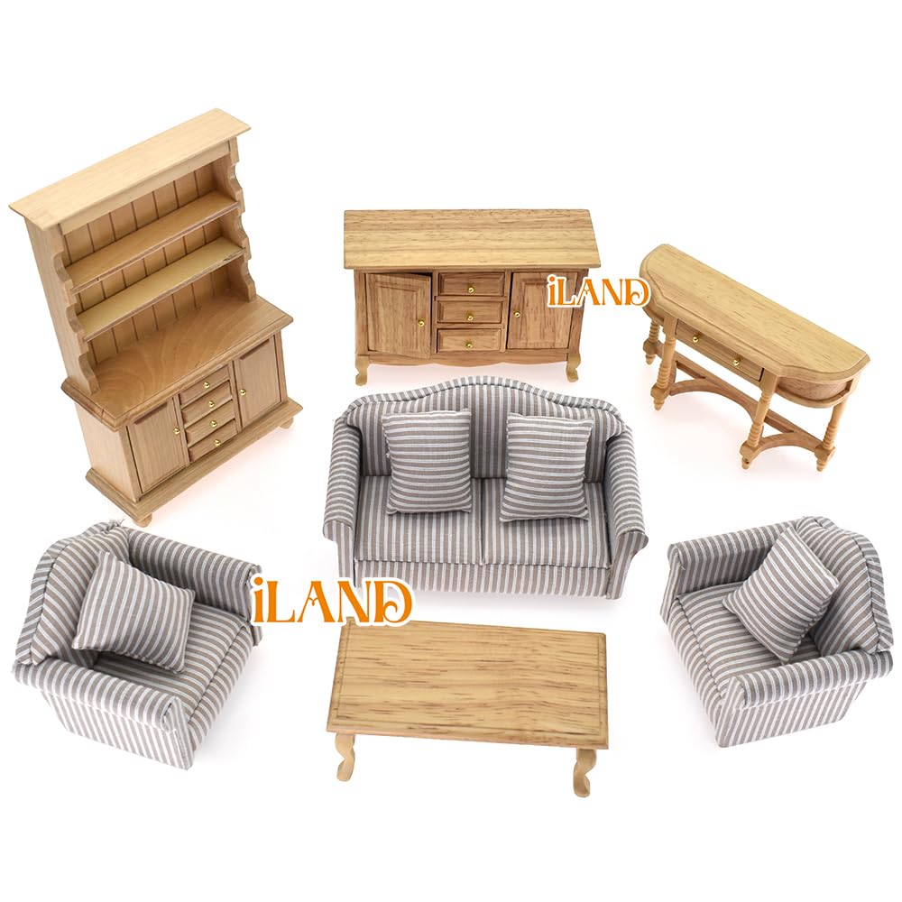 iLAND Miniature Wooden Dollhouse Furniture Set: Sofa, Cabinets, Coffee Table for Dollhouse Living Room (Classic Doll Furniture 7pcs)