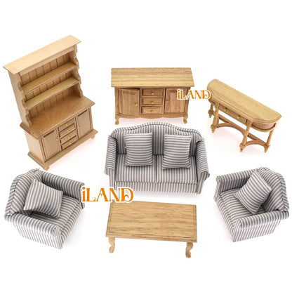 iLAND Miniature Wooden Dollhouse Furniture Set: Sofa, Cabinets, Coffee Table for Dollhouse Living Room (Classic Doll Furniture 7pcs)
