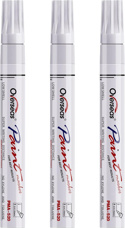 Overseas Permanent Paint Markers Pens - 3 Pack White Oil Based Paint Pens, Medium Tip, Quick Drying and Waterproof Marker Pen for Metal, Rock, Wood, Fabric, Plastic, Canvas, Mugs, Stone, Glass