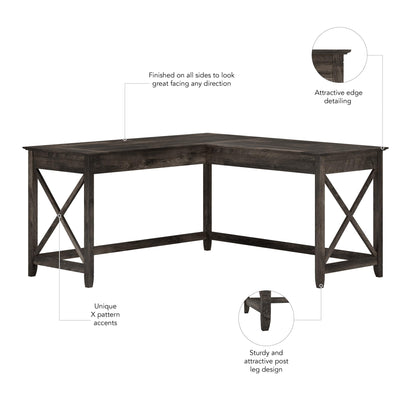Bush Home Key West 60W Modern Farmhouse L Shaped Desk in Dark Gray Hickory, 60-Inch Corner Computer Table for Home Office Workspace
